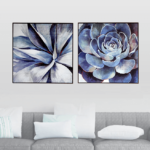 Par de Quadros Suculenta Azul em Tecido Canvas para Sala Quarto Hall Escritório, 60X60cm, Quadro Emoldurado
