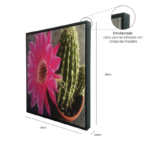 Quadro Botânico Cactus c/ Flor Rosa em Tecido Canvas para Sala Hall Área Externa, 53X53cm, Quadro Emoldurado na cor Preto