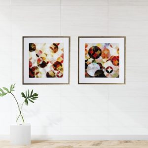 Par de Quadros Geométricos Super Luxo Circles “A & B” para Sala Quarto Hotéis Escritório, 50x50cm C/ Vidro 2mm e Moldura Especial na Cor Dourado Envelhecido