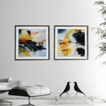 Par de Quadro Abstrato Super Luxo “A e B” para Sala Quarto Hotéis Escritório, 50x50cm C/ Vidro 2mm e Moldura Especial na Cor Prata Envelhecida