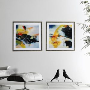 Par de Quadro Abstrato Super Luxo “A e B” para Sala Quarto Hotéis Escritório, 50x50cm C/ Vidro 2mm e Moldura Especial na Cor Prata Envelhecida