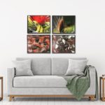 Conjunto de Quadros Botânicos Folhagem, Flor de Espinhos e Physocarpus em Tecido Canvas para Sala Quarto Hall Escritório, 53X43cm, Quadro Emoldurado, Moldura na Cor Tabaco