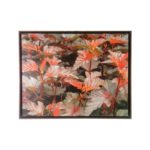 Conjunto de Quadros Botânicos Folhagem, Flor de Espinhos e Physocarpus em Tecido Canvas para Sala Quarto Hall Escritório, 53X43cm, Quadro Emoldurado, Moldura na Cor Tabaco